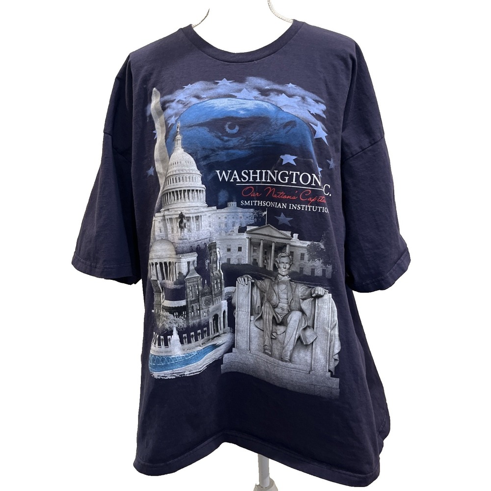 Vtg Smithsonian Institution Washington DC Graphic T Shirt 3XL Blue Landmarks USA